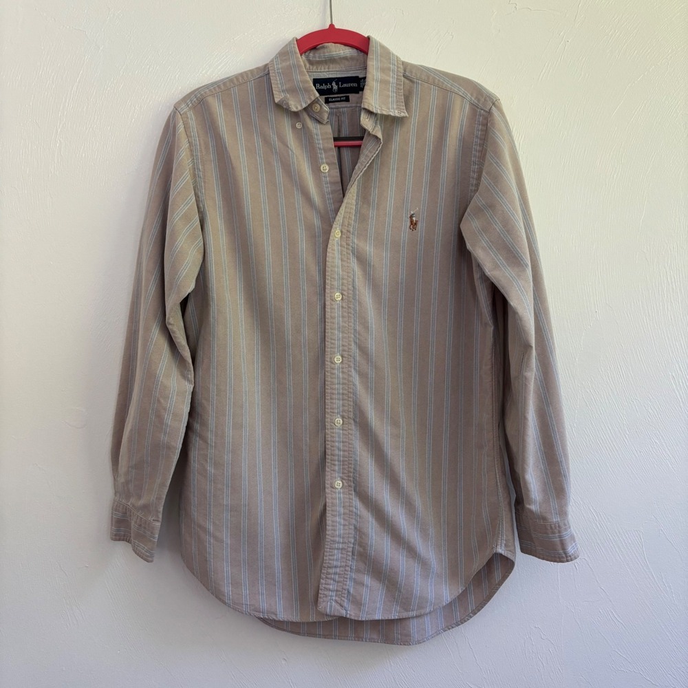 Ralph Lauren Mens 14.5 32 33 Classic Fit Striped Oxford Shirt Beige Blue Cotton